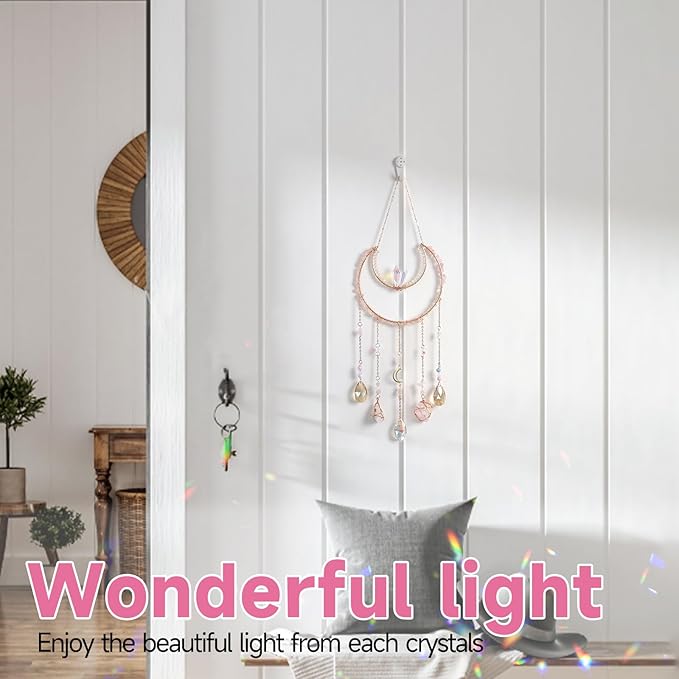 Crystal Suncatcher, Dreamsum Window Suncatchers with Crystals and Stones, Sun Catchers Indoor Window Catcher with Prism Slices, Moon Crystal Suncatchers Gift for Girls, Lover and Mom-Pink