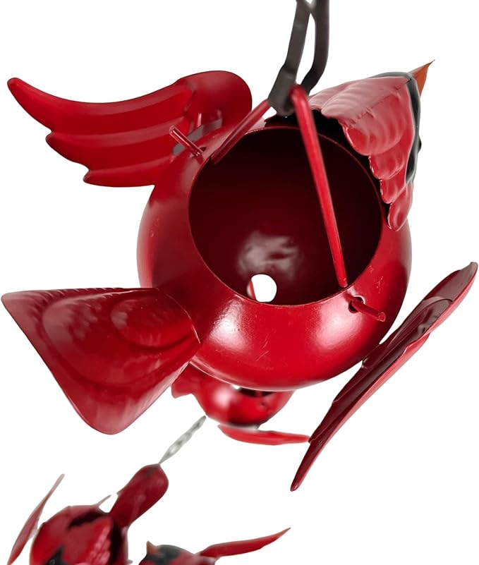 Things2Die4 85-Inch Metal Rain Chain with 7 Three-Dimensional Red Cardinal Birds, Rustic Brown Finish, Weighted Bell at Bottom, Decorative Downspout Alternative for Outdoor Garden or Patio Décor