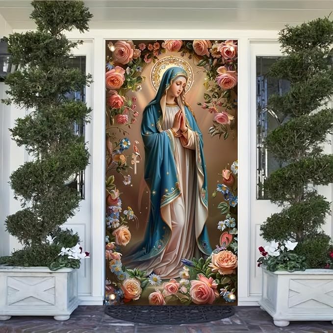 Virgin Mary Door Cover Banner Religious Floral 71x35 Inch Holy Mother Door Sign for Front Door Prayer Room Church Door Cover for Easter Christmas Spiritual Home Decor