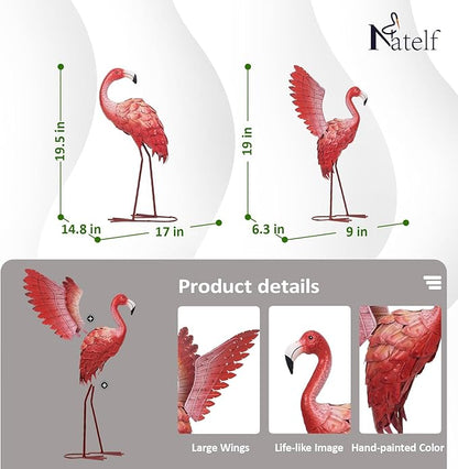 Natelf Flamingos Garden Statues Small Outdoor Decor, Set of 2 Metal Yard Art with Spread & Folded Wings, Weather-Resistant Pink Flamingo Lawn Sculpture for Patio, Backyard - Gift for Women, Mom