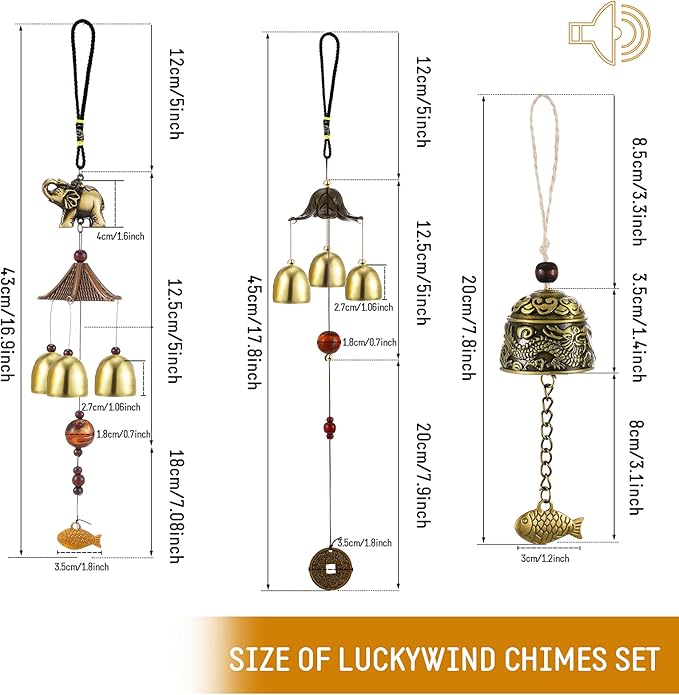 3 Pieces Feng Shui Wind Bell Wind Chimes Chinese Metal Bell Vintage Dragon Fish and Elephant Feng Shui Hanging Chime for Good Luck, Safe, Home Garden Patio Hanging Decoration