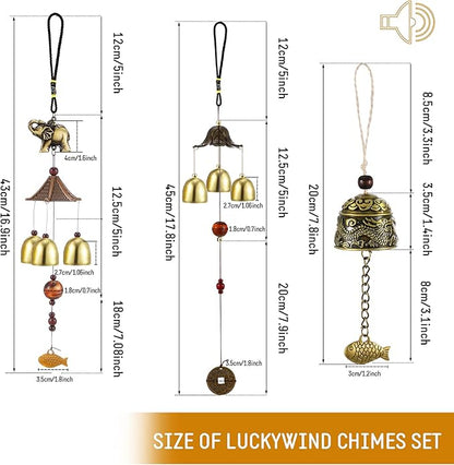 3 Pieces Feng Shui Wind Bell Wind Chimes Chinese Metal Bell Vintage Dragon Fish and Elephant Feng Shui Hanging Chime for Good Luck, Safe, Home Garden Patio Hanging Decoration