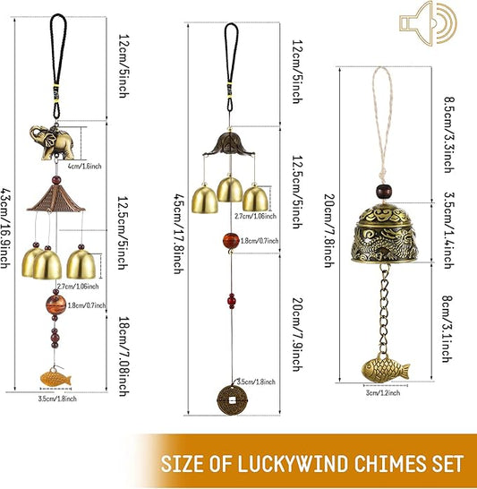 3 Pieces Feng Shui Wind Bell Wind Chimes Chinese Metal Bell Vintage Dragon Fish and Elephant Feng Shui Hanging Chime for Good Luck, Safe, Home Garden Patio Hanging Decoration