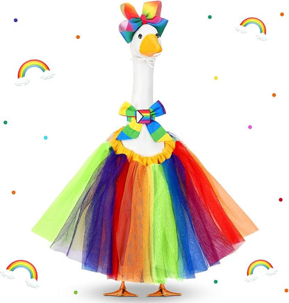 Abbylike Rainbow Porch Goose Outfit Pride Goose Outfit LGBTQ Lawn Geese Costume Clothes with Bow Headband and Tie Fits 23" Cement Geese Statue for Pride Month Outdoor Garden Yard Patio Art Decor