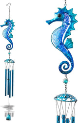 CoTa Global Blue Seahorse Wind Chime - Handcrafted Glass and Metal Chime - Hanging Seahorse Decoration for Indoor and Outdoor Spaces, Hanging Ocean Animal Windchime Decor Gift - 35 Inches