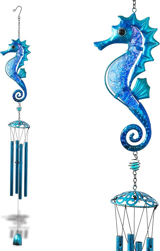 CoTa Global Blue Seahorse Wind Chime - Handcrafted Glass and Metal Chime - Hanging Seahorse Decoration for Indoor and Outdoor Spaces, Hanging Ocean Animal Windchime Decor Gift - 35 Inches