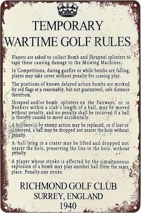 Temporary Wartime Golf Rules Metal Signs Retro Wall Decor For Home Cafes Office Store Pubs Club Man Cave Bathroom Sign 12X8 IN