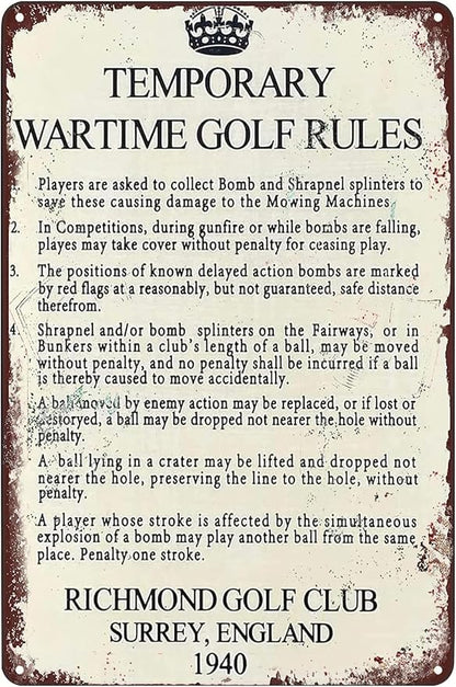 Temporary Wartime Golf Rules Metal Signs Retro Wall Decor For Home Cafes Office Store Pubs Club Man Cave Bathroom Sign 12X8 IN