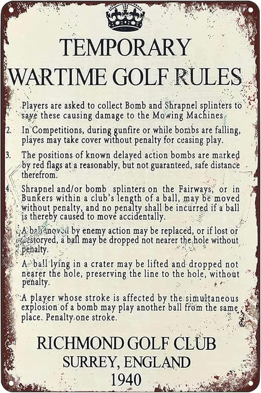 Temporary Wartime Golf Rules Metal Signs Retro Wall Decor For Home Cafes Office Store Pubs Club Man Cave Bathroom Sign 12X8 IN