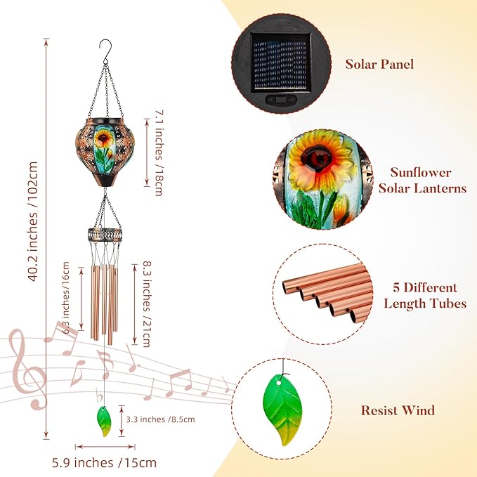 Solar Wind Chimes for Outside,Sunflower Hanging Wind Chime,LED Solar Lanterns Windchimes,Memorial Wind Chimes for Mom Women,Outdoor Wind Chime Deep Tone,Sunflower Windchime for Garden Yard