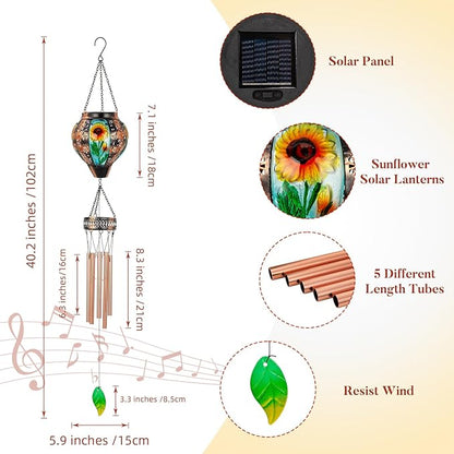 Solar Wind Chimes for Outside,Sunflower Hanging Wind Chime,LED Solar Lanterns Windchimes,Memorial Wind Chimes for Mom Women,Outdoor Wind Chime Deep Tone,Sunflower Windchime for Garden Yard