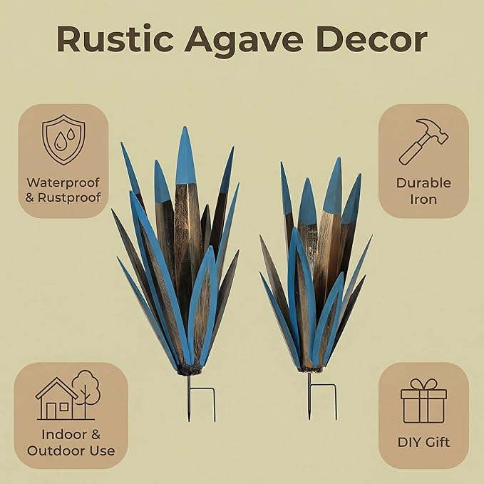 Metal Agave Plant Outdoor Statues 2-Pack Rustic DIY Hand-Painted Metal Yard Art, for Garden Lawn Patio Cactus & Agave Outdoor Decor