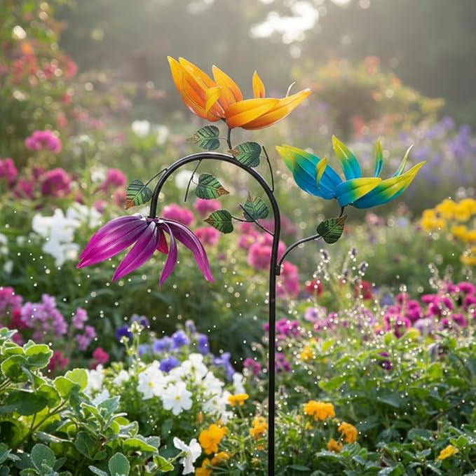 24" Large Wind Spinner Outdoor - Heavy Duty Multi Colored Flowers Wind Sculpture with Metal Stake, Three Flower Design Pinwheels for Yard and Garden Decor
