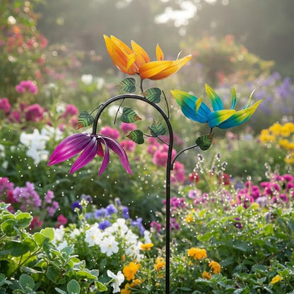 24" Large Wind Spinner Outdoor - Heavy Duty Multi Colored Flowers Wind Sculpture with Metal Stake, Three Flower Design Pinwheels for Yard and Garden Decor