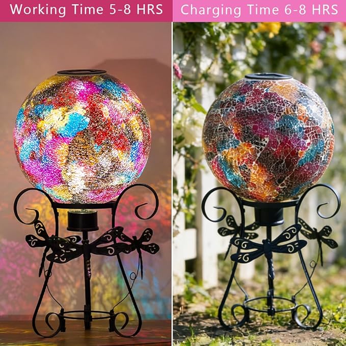 Stargarden Solar Gazing Ball, 10" Mosaic Gazing Ball,Glass Gazing Globe with Metal Stand, Decorative Solar Globes for Patio, Lawn, Garden Decor(Red)