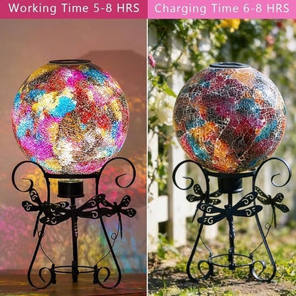 Stargarden Solar Gazing Ball, 10" Mosaic Gazing Ball,Glass Gazing Globe with Metal Stand, Decorative Solar Globes for Patio, Lawn, Garden Decor(Red)