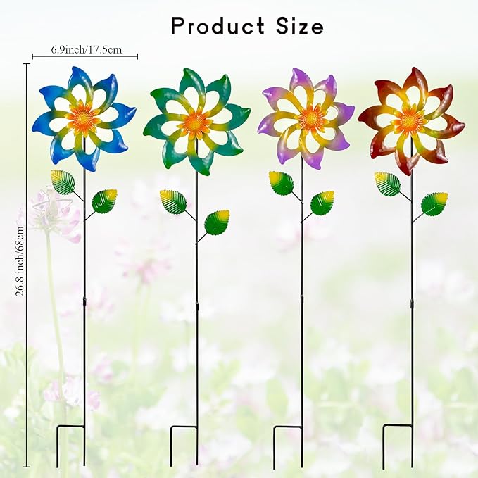 4 Pack Wind Spinners Outdoor, Colorful Metal Flower Windmill, Small Pinwheels Decorative Garden Stakes for Yard Patio Lawn Garden Decor, 27 x 7 Inches