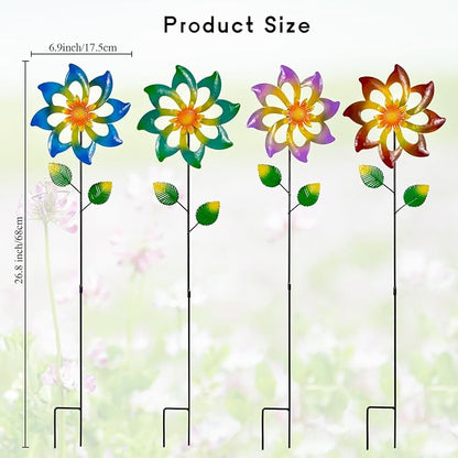 4 Pack Wind Spinners Outdoor, Colorful Metal Flower Windmill, Small Pinwheels Decorative Garden Stakes for Yard Patio Lawn Garden Decor, 27 x 7 Inches