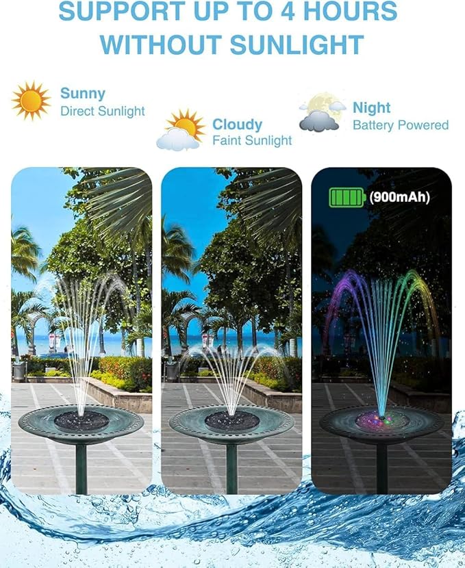 Solar Water Fountain,Upgrade 3W Solar Powered Bird Baths Fountains Pump, Solar Fountain with Lights 7 Nozzles Four fixators, Outdoor Bird Bath. GardenPond,Decorative Water Fountains.