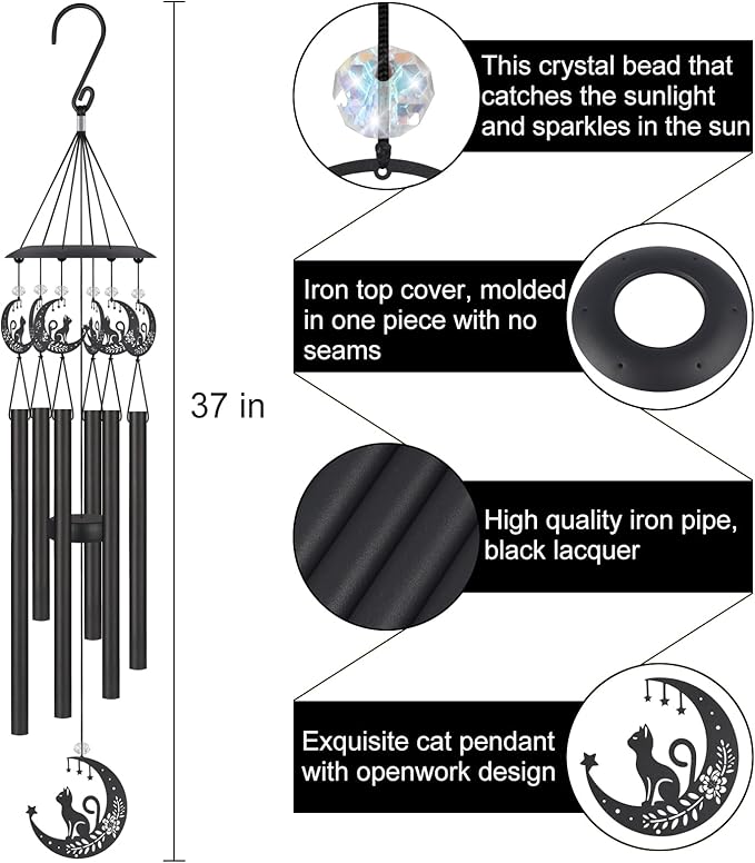 Wind Chimes for Outside,Sympathy Garden Decor Gifts for Women Mom and Grandma,Christmas Windchime in Loving Memory Outdoor Decoration for Yard, Patio, Porch, Lawn, Landscape,Halloween(Cat)