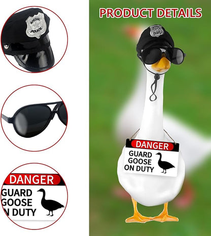 CAMDUCK 3 Pcs Porch Goose Accessories Porch Goose Sign Goose Police Hat Eyeglasses Wooden Gooses Warning Sign Danger Guard Geese on Duty Warning Sign Geese Outfits Decor for Yard Porch Lawn