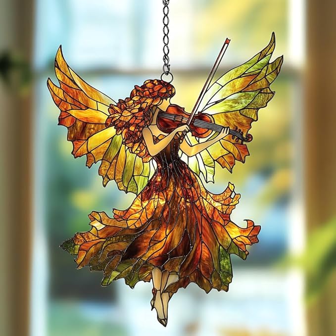 Music Angel Acrylic Suncatcher Stained Glass Effect Window Car Hanging Christmas Ornament Indoor Outdoor Decor Garden Sun Catcher Panel for Angel Lover for Women Mom Grandma