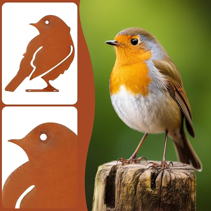5PCS Metal Birds Fence Decoration, Outdoor Rusty Birds Garden Sculptures and Yard Art, Craft Statue Ornaments Rustic Farmhouse Garden Decor (Style 2)