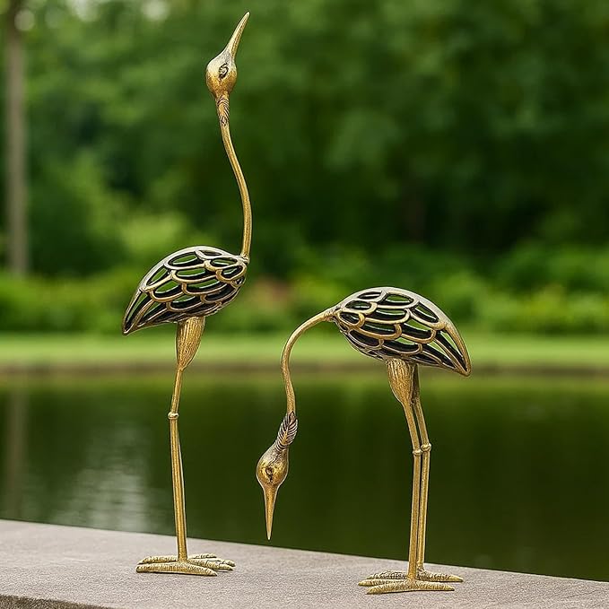 Seraphic Cast Iron Metal Crane/Heron Bird Garden Sculptures Statues for Indoor or Outdoor Lawn Decor, Rustic Bronze, Set of 2