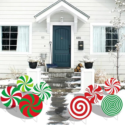 8-Piece Christmas Candy Yard Signs with Stakes Decorations – 8 Assorted Peppermint and Lollipop Designs 12.6 x 12.6 Inches Large Round Candy Signs for Outdoor Garden and Lawn Holiday Party Favor