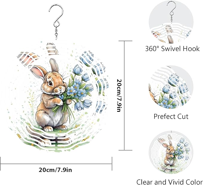 Easter Bunny Wind Spinner Easter Day Gifts 3D Metal Kinetic Hanging Wind Sculpture Spinners for Yard and Garden Indoor Outdoor Window Easter Rabbit Yard Art Garden Decoration 8 Inch (Bunny 8)