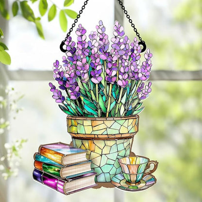 Jesuspirit - Window Hanging Suncatcher – Crystal Clear Acrylic & Wood Sun Catcher for Home Decor, for Women (Nostalgic Lavenders, Books, and Tea, 8 Inches)