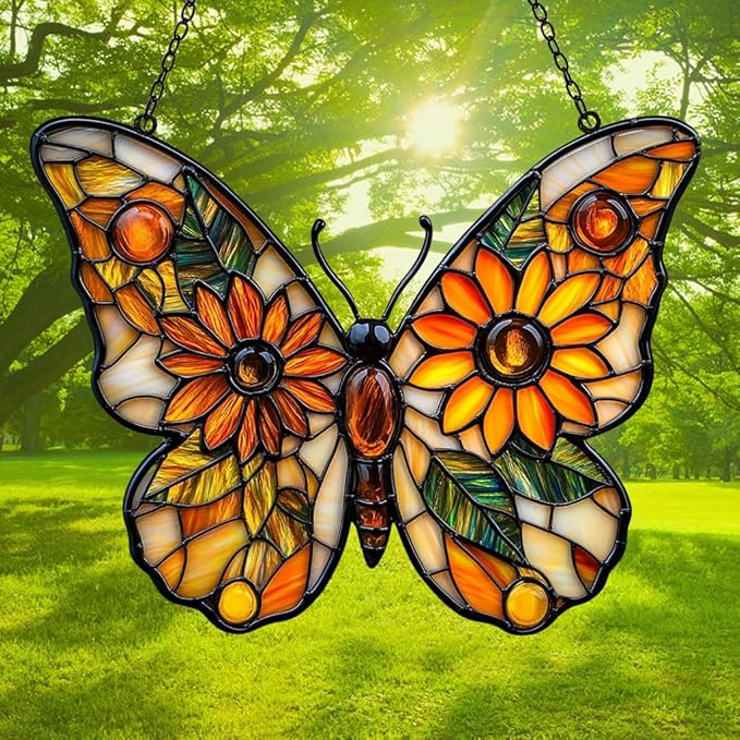 Sunflower of Hope Monarch Acrylic Suncatcher Stained Glass Effect Window Car Hanging Christmas Ornament Indoor Outdoor Decor Garden Sun Catcher Panel for Butterfly Lover for Women Mom Grandma