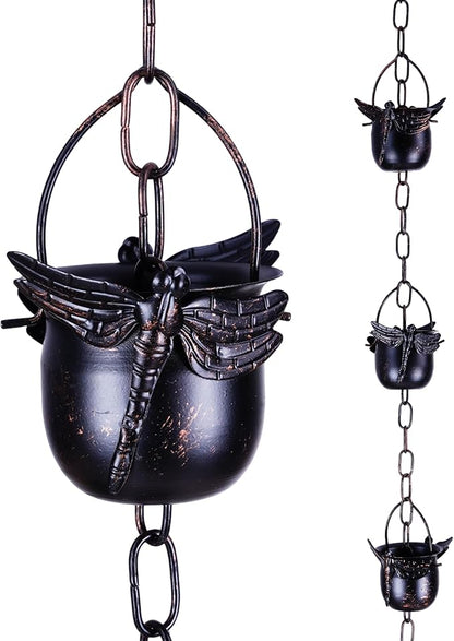 Topadorn 8.5 FT Rain Chain for Gutters, Divert Water and Home Display, 12 Dragonfly Cups Rain Collector with Adjustable Length Chains for Enhanced Outside Garden Appeal