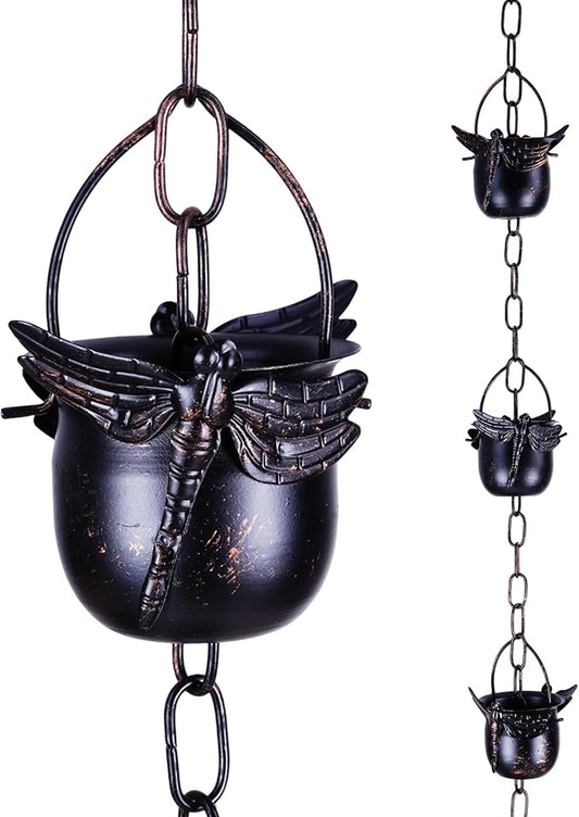 DUSVALLY Rain Chain, 8.5FT Metal Dragonfly Rain Chain, Functional and Decorative Replacement for Gutter Downspouts, Divert Water and Home Display, Adjustable Length, 12 Cups, Black