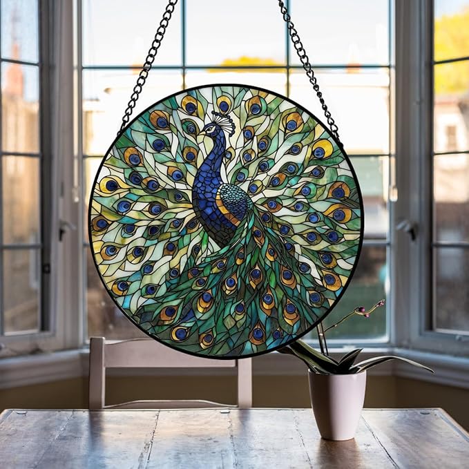 Peacock Decor Suncatcher Stained Glass Window Hanging - 8 Inch Colorful Suncatchers for Windows Hanging - Handmade Sun Catchers Glass Panel with Hook and Chain - Birthday Gifts for Women Mom Friends