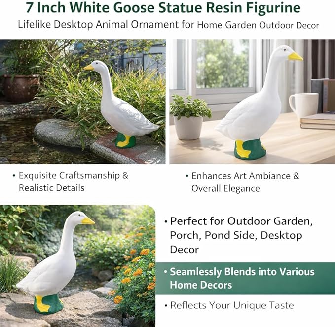 7 Inch White Goose Statue Resin Figurine Lifelike Desktop Animal Ornament for Home Garden Outdoor Decor, Perfect for Porch Lawn Patio Backyard Farm Theme Decoration, Collectible Craft Sculpture
