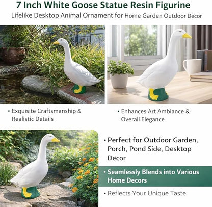 7 Inch White Goose Statue Resin Figurine Lifelike Desktop Animal Ornament for Home Garden Outdoor Decor, Perfect for Porch Lawn Patio Backyard Farm Theme Decoration, Collectible Craft Sculpture