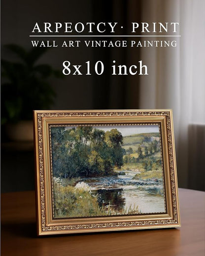 ARPEOTCY Vintage Gold Framed Wall Art, Nature Streamside Retro Paintings, 8x10 inch Small Canvas Prints Artwork with Antique Frame, Victorian Wall Pictures Decor for Living Room Gallery Room Shelf