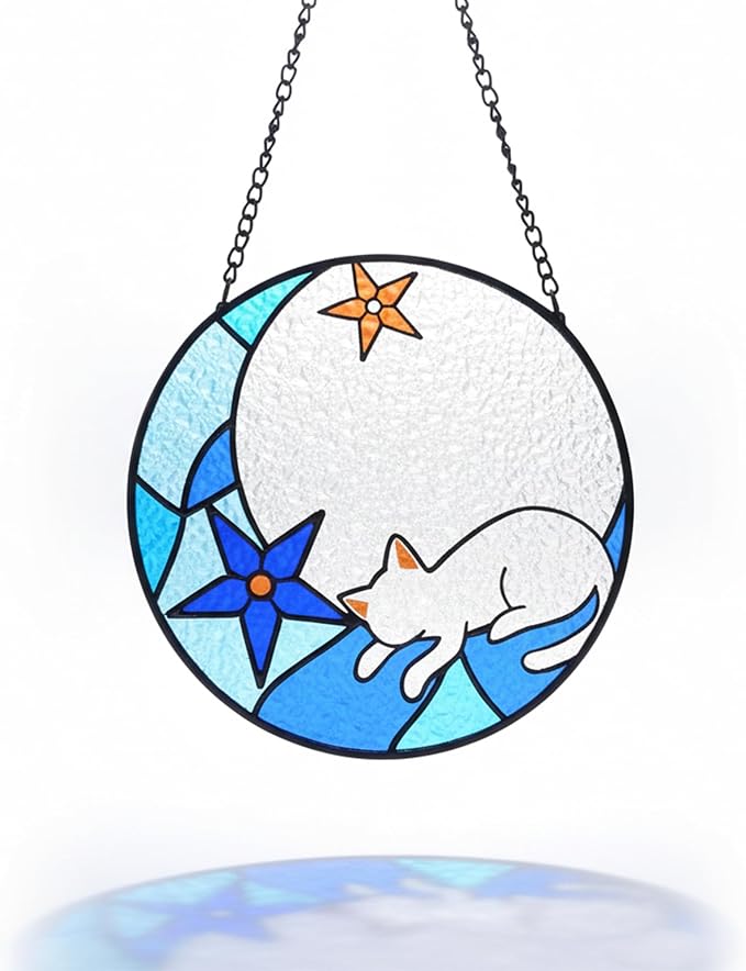 White Cat Stained Glass Window Hanging Ornament, Cat Suncatcher Indoor Wall Art, Boho Cottagecore Moon Kitten Wall Hanging Decorations, Gifts for Cat Lovers, 5.9''