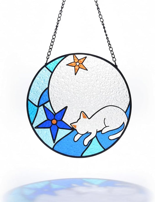 White Cat Stained Glass Window Hanging Ornament, Cat Suncatcher Indoor Wall Art, Boho Cottagecore Moon Kitten Wall Hanging Decorations, Gifts for Cat Lovers, 5.9''