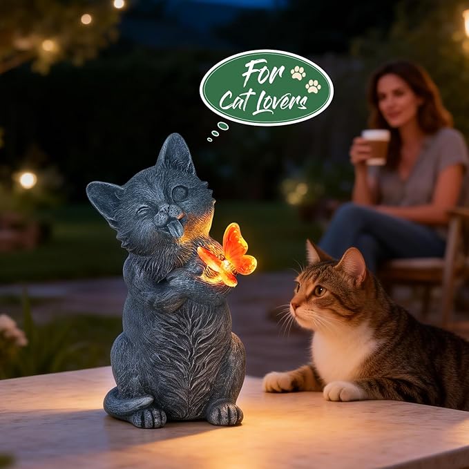 Solar Cat Garden Statue Outdoor Decor 10 Inch with LED Butterfly Light, Resin Cat Decor for Yard Patio Porch Lawn Balcony, Solar Garden Decor, Gifts for Mom Grandma Women