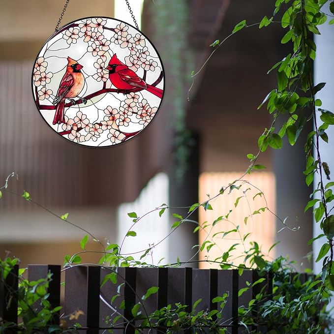 Cardinal Sun Catcher 8'' Stained Glass Window Hanging Cardinal Decor Gifts for Women Christmas Handmade Sun Catcher Decoration for Garden Home Housewarming Gifts Mother Day