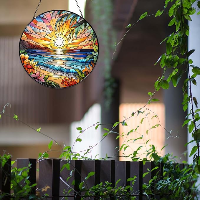 Beach Sunset Sun Catcher Stained Glass Window Hanging 6'', Beach Lovers Gifts for Women Kitchen Decor Landscape Decoration for Home Garden Housewarming Gifts
