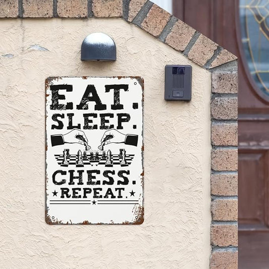 Retro Tin Signs Eat Chess Repeat Chess Player Fan 8x12 Inches Metal Wall Decor for Garden,Kitchen,Living Room,Patio,Office,Bathroom,and More! Vintage Funny Sign