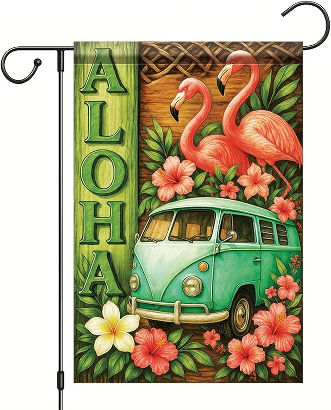 Summer Garden Flag 12x18 Inch Aloha Flamingo Vintage Van Tropical Hibiscus Floral Island Style Outdoor Yard Porch Lawn for Seasonal Coastal Boho Home Decor