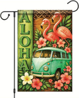 Summer Garden Flag 12x18 Inch Aloha Flamingo Vintage Van Tropical Hibiscus Floral Island Style Outdoor Yard Porch Lawn for Seasonal Coastal Boho Home Decor