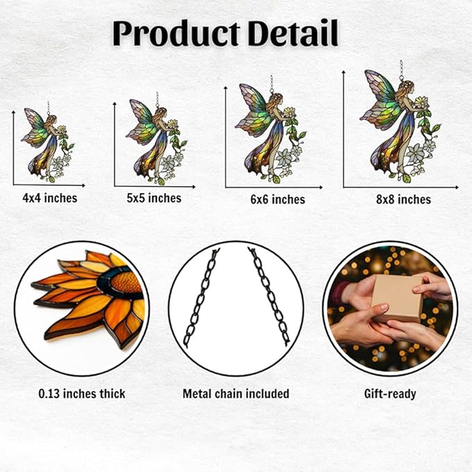 Floral Forest Fairy Acrylic Suncatcher Stained Glass Effect Window Car Hanging Christmas Ornament Indoor Outdoor Decor Garden Sun Catcher Panel for Fairy Lover for Women Mom Grandma