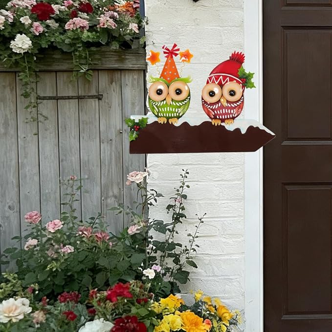 Bright Color Metal Owl Couple Garden Stake - Hanging Decor for Fence or Wall, Outdoor Yard Art with Message Board for Patio, Porch, Lawn for Couples Housewarming