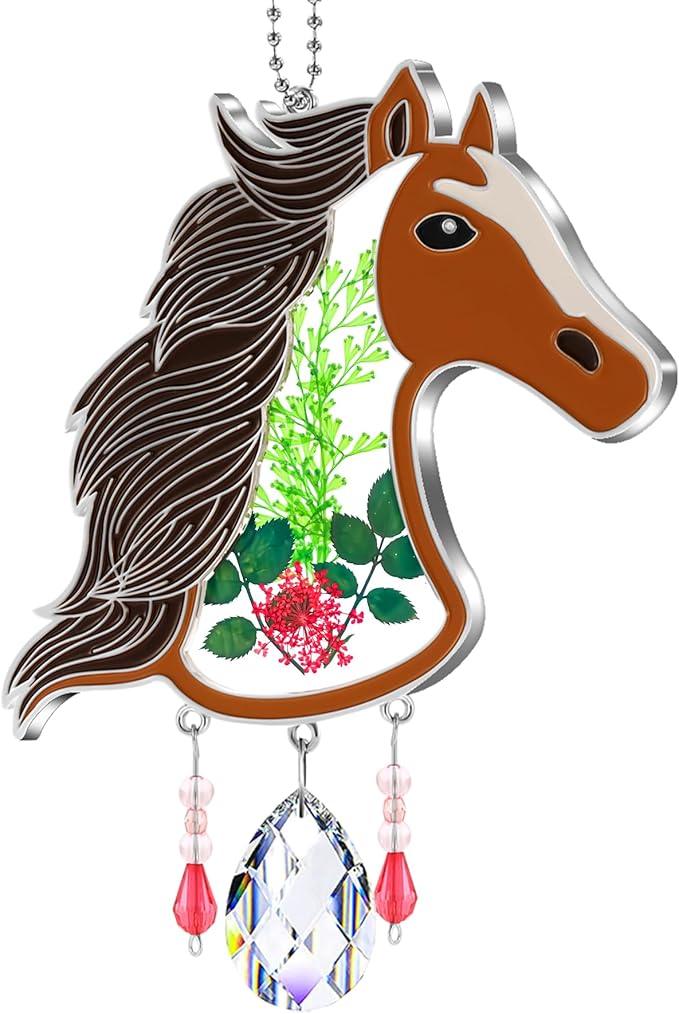 KY&BOSAM Suncatcher Horse Head Stained Glass Crystal Hand-Painted Suncatchers Ornament hangings Wind Chime with Pressed Flower Horse Embedded in Glass Window Mother`s Day Birthdays…