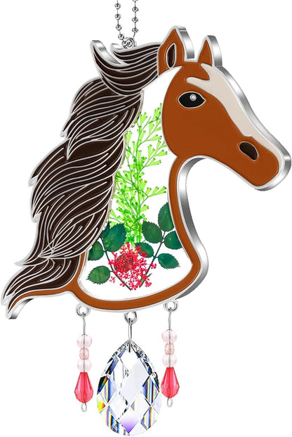 KY&BOSAM Suncatcher Horse Head Stained Glass Crystal Hand-Painted Suncatchers Ornament hangings Wind Chime with Pressed Flower Horse Embedded in Glass Window Mother`s Day Birthdays…
